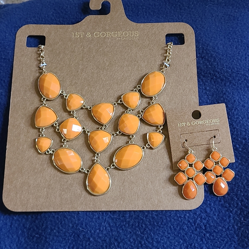Orange and gold plated necklace and earring set
